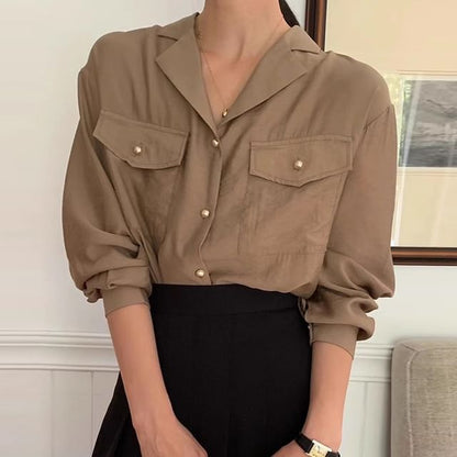 Long Sleeve Collared Plain Flap Pocket Shirt