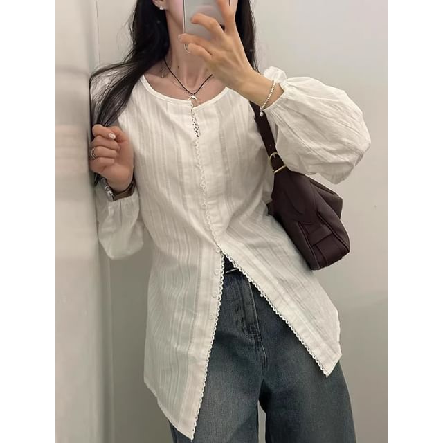 Long Sleeve Crew Neck Striped Blouse