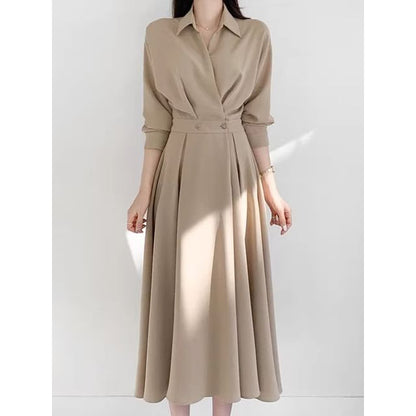 Long Sleeve Collared Plain Double Breasted Midi A-Line Shirt Dress