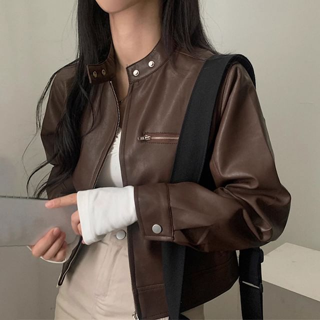 Band Collar Plain Faux Leather Zip Jacket