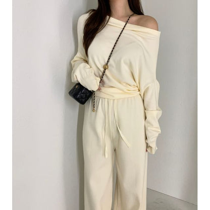 Set: Long Sleeve One Shoulder Plain Knit Top + Drawstring Waist Wide Leg Pants