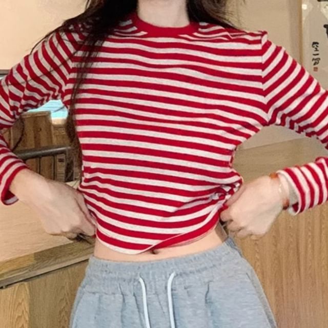 Long-Sleeve Round Neck Striped Tee