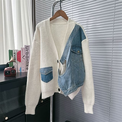 V-Neck Denim Panel Cardigan