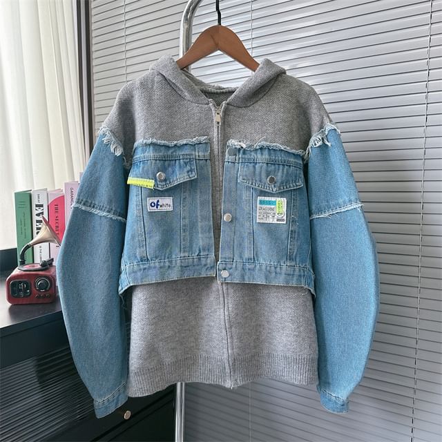 Applique Denim Panel Hooded Zip Cardigan