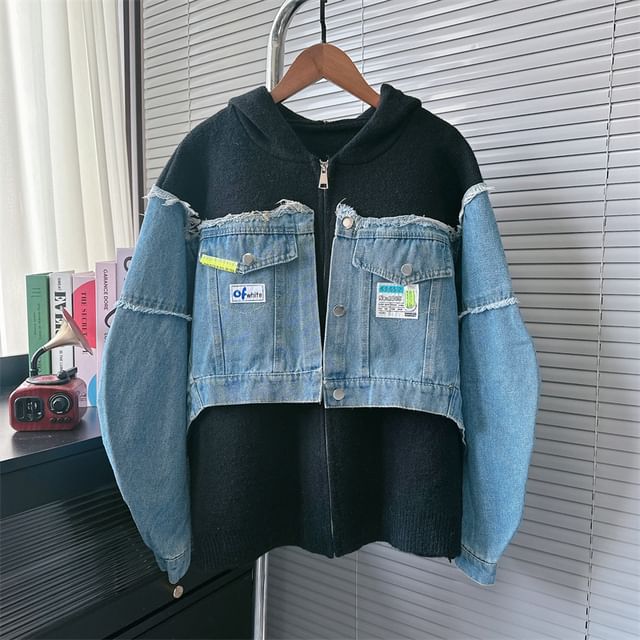 Applique Denim Panel Hooded Zip Cardigan