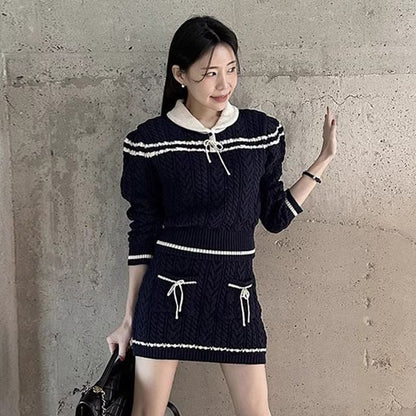 Set: Collared Striped Cable Knit Sweater + Mid Rise Mini Pencil Skirt