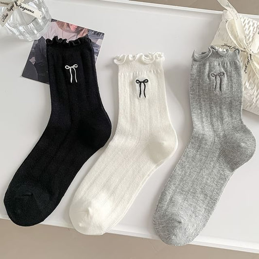 Ruffle Trim Bow Crew Socks