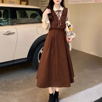 Mock Two-Piece Long-Sleeve Corduroy Two Tone Midi A-Line Dress