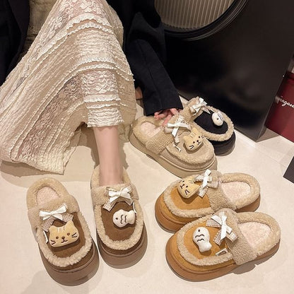 Cartoon Bow Fleece-Lined Platform Mules