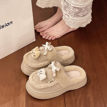 Cartoon Bow Fleece-Lined Platform Mules