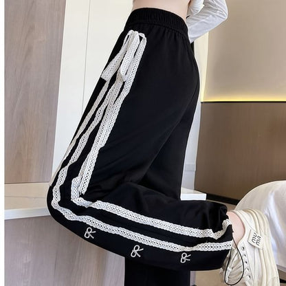 High Waist Lace Panel Bow Embroidered Loose-Fit Wide-Leg Sweatpants