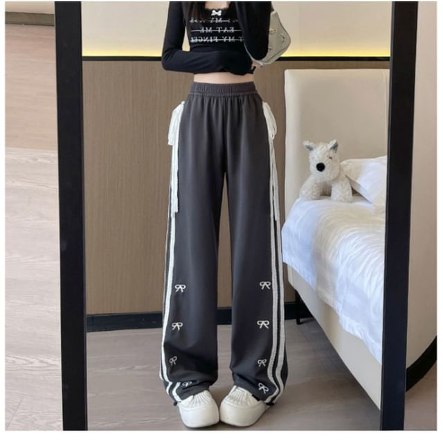 High Waist Lace Panel Bow Embroidered Loose-Fit Wide-Leg Sweatpants