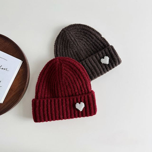 Heart Faux Pearl Knit Beanie