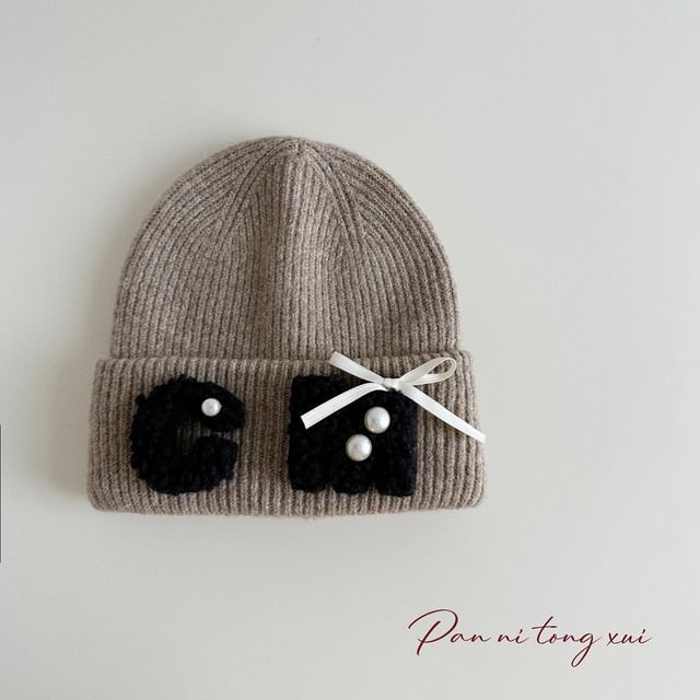 Ribbon Faux Pearl Chenille Applique Knit Beanie