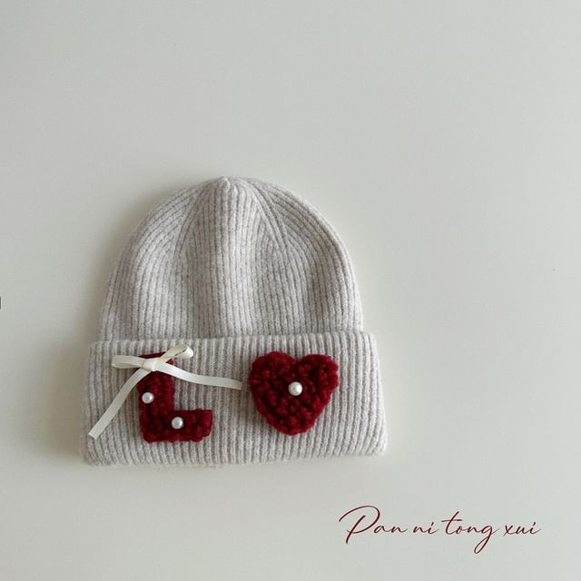 Ribbon Faux Pearl Chenille Applique Knit Beanie