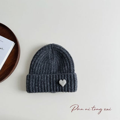 Heart Faux Pearl Knit Beanie