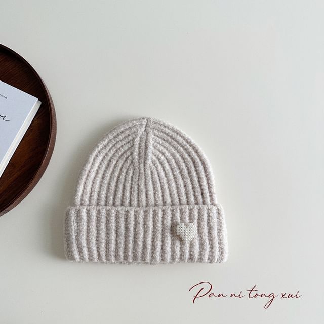 Heart Faux Pearl Knit Beanie