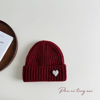 Heart Faux Pearl Knit Beanie