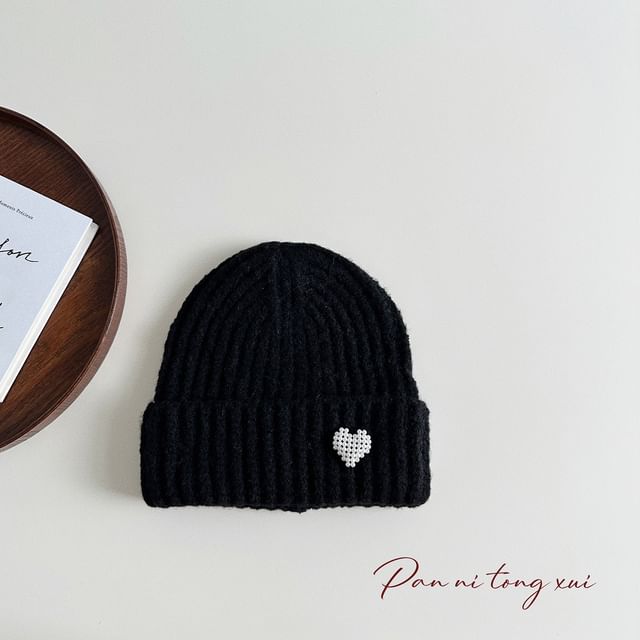 Heart Faux Pearl Knit Beanie