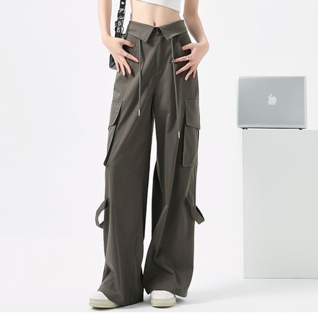 High Waist Folded Waistline Plain Straight-Fit Wide-Leg Cargo Pants