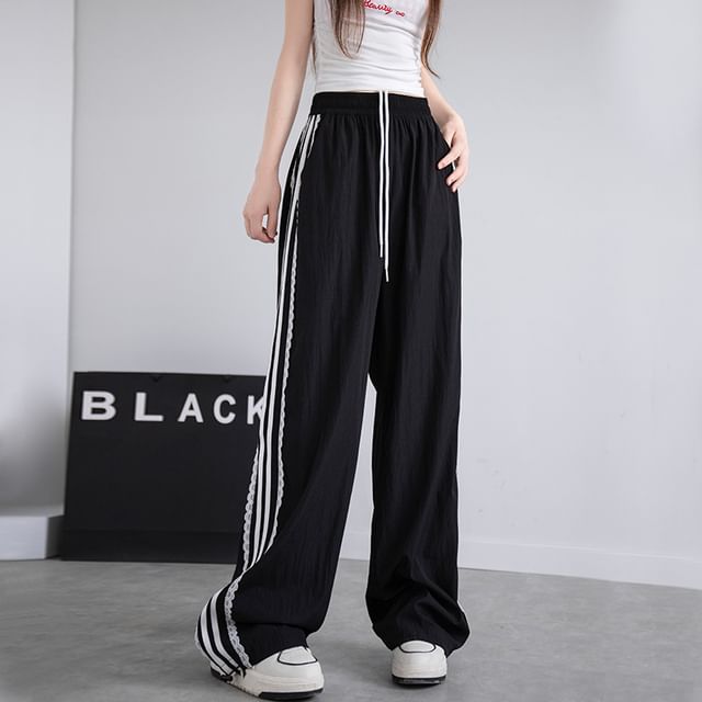 High Waist Lace-Trim Striped Loose-Fit Wide-Leg Sweatpants