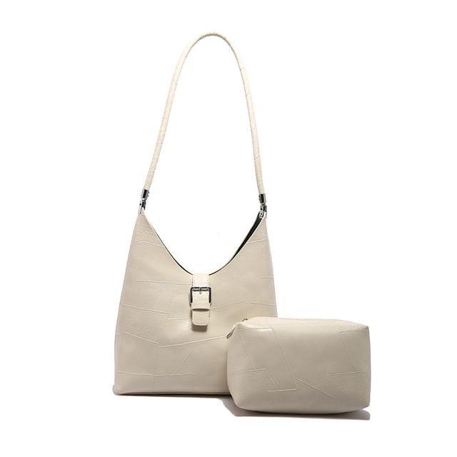 Set: Faux Leather Buckled Tote Bag + Pouch