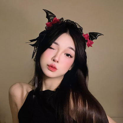 Set:  Halloween Devil Wings Bow Hair Clip + Lace Headband