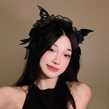 Set:  Halloween Devil Wings Bow Hair Clip + Lace Headband