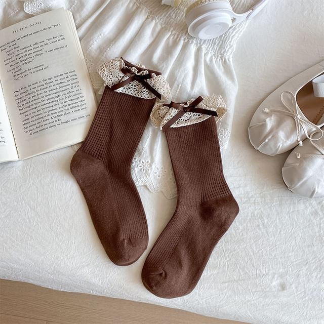 Bow Ribbed Lace Trim Socks