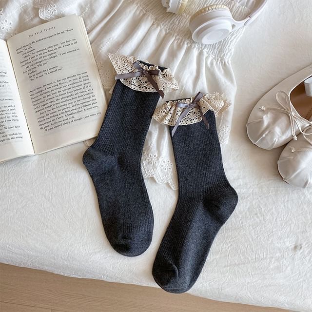 Bow Ribbed Lace Trim Socks