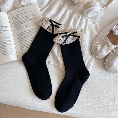 Bow Ribbed Lace Trim Socks