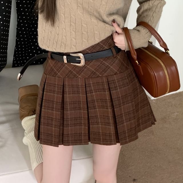 High Rise Plaid Pleated Mini A-Line Skirt