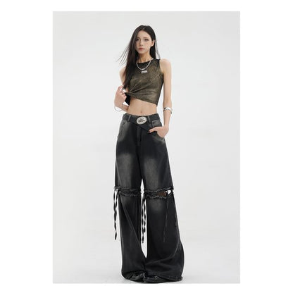 Low Waist Washed Cut-Out Straight-Fit Wide-Leg Jeans