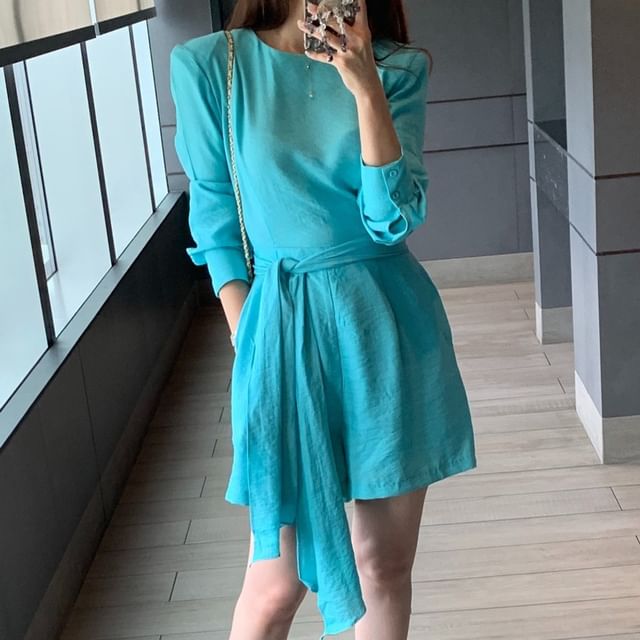 Long-Sleeve Round Neck Plain Belted Romper