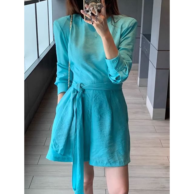 Long-Sleeve Round Neck Plain Belted Romper