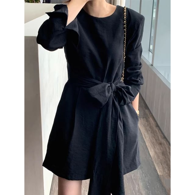 Long-Sleeve Round Neck Plain Belted Romper