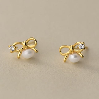 S925 Sterling Silver Bow Rhinestone Faux Pearl Stud Earring