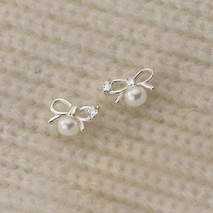 S925 Sterling Silver Bow Rhinestone Faux Pearl Stud Earring