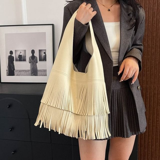 Tassel Faux Leather Tote Bag