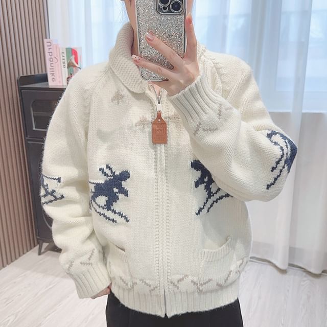 Deer Print Hooded Zip Cardigan