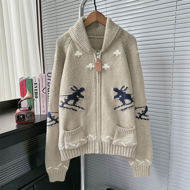 Deer Print Hooded Zip Cardigan