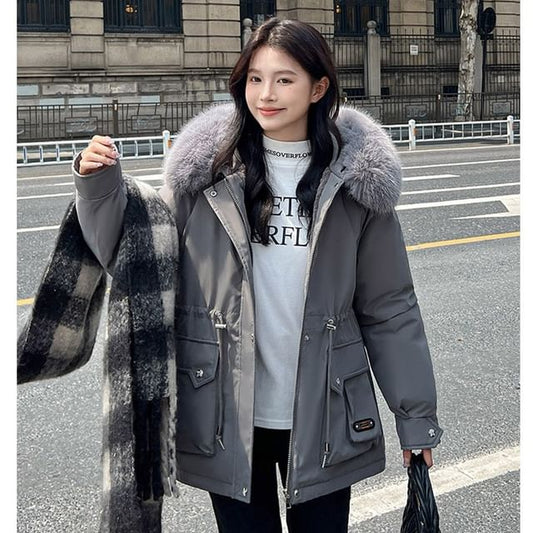 Fluffy Collar Plain Fleece-Lined Zip Puffer Parka