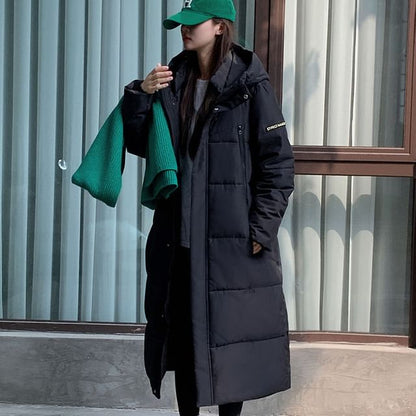 Stand Collar Lettering Hood Midi Zip Puffer Coat