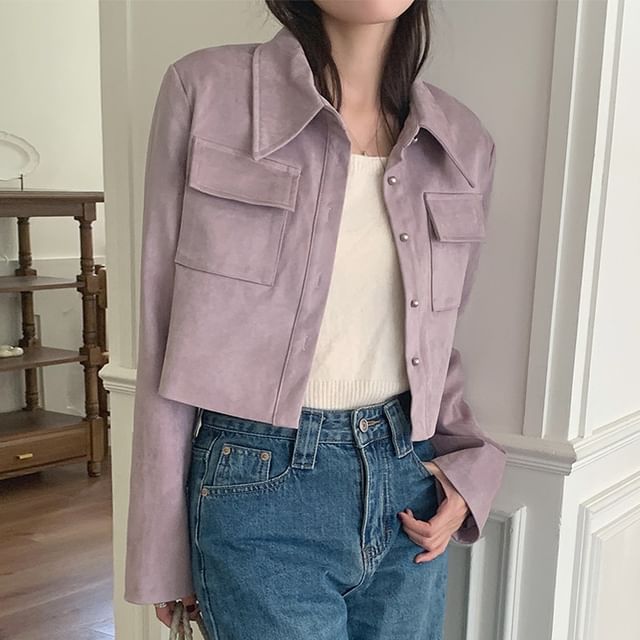 Collared Plain Faux Suede Button Jacket