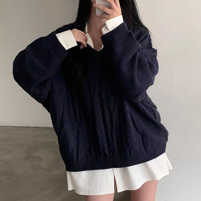 V-Neck Plain Cable Knit Sweater