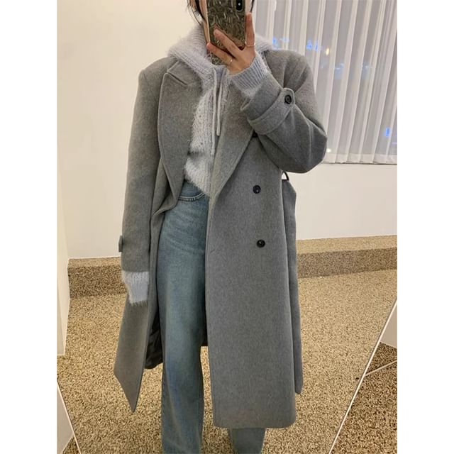 Collared Plain Midi Double Breasted Coat