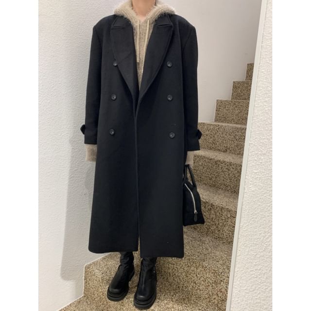 Collared Plain Midi Double Breasted Coat