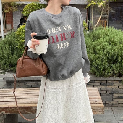 High Rise Lace A-Line Maxi Skirt / Round Neck Lettering Oversized Sweatshirt