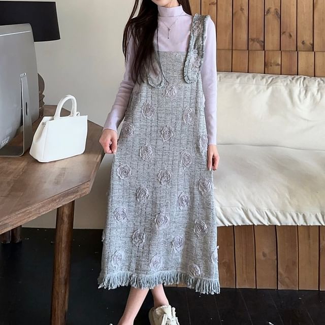 Long Sleeve Mock Neck Plain Tee / Flower Detail Midi Overall Dress