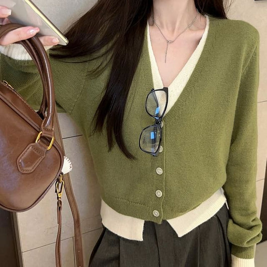 V-Neck Mock Two-Piece Two Tone Button-Up Cardigan